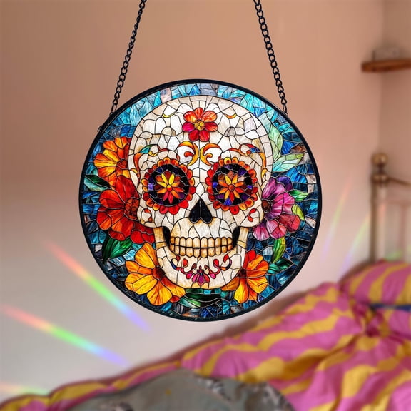 Sugar Skull Stained Glass Wall or Window Hanging Halloween Calavera Light Catcher Gothic Home Decor Gift