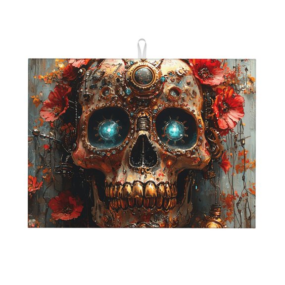 Sugar Skull Steampunk Large Kitchen Drying Mat 18x24 Inch Ultra Absorbent Dish Drying Mats Foldable Countertop Protector