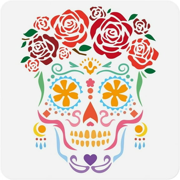 Sugar Skull Stencil Template 11.8 x 11.8 Inch Reusable Plastic Halloween Stencil for Painting on Wood Wall Floor Fabric Glass DIY Home Decor