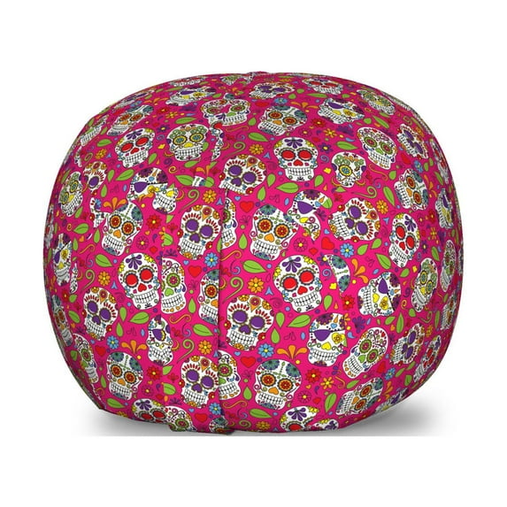 Sugar Skull Storage Toy Bag Chair, Colorful Skulls Leaves Motifs Pirate Cemetery Graveyard Traditional, Stuffed Animal Organizer Washable Bag, Large Size, Multicolor, by Ambesonne