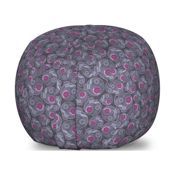 Sugar Skull Storage Toy Bag Chair, Repetitive Pattern of Retro Style Skulls with Flower Details, Stuffed Animal Organizer Washable Bag, Large Size, Dark Indigo Purpleblue, by Ambesonne