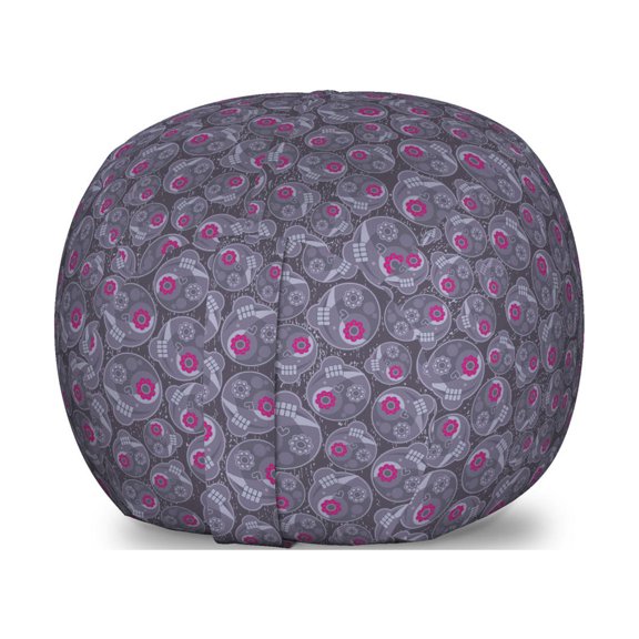 Sugar Skull Storage Toy Bag Chair, Repetitive Pattern of Retro Style Skulls with Flower Details, Stuffed Animal Organizer Washable Bag, Small Size, Dark Indigo Purpleblue, by Ambesonne