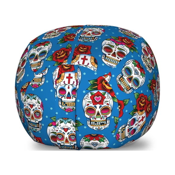 Sugar Skull Storage Toy Bag Chair, Retro Style Mexican Cultural Pattern on Polka Dots Rose Bouquets Skeletons, Stuffed Animal Organizer Washable Bag, Large Size, Multicolor, by Ambesonne