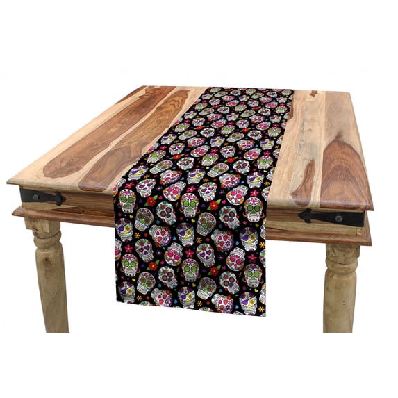 Sugar Skull Table Runner, All Souls Day Floral Colorful Sugar Skulls Flowers on Dark Background Print, Dining Room Kitchen Rectangular Runner, 3 Sizes, by Ambesonne