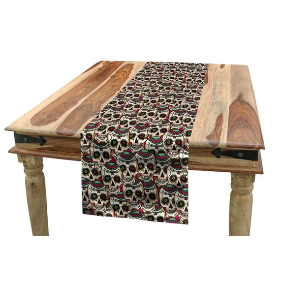 Sugar Skull Table Runner, Creepy Head Bones with Paisley Floral Patterns Flowers Day of the Dead Art, Dining Room Kitchen Rectangular Runner, 3 Sizes, by Ambesonne