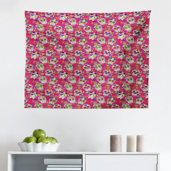 Sugar Skull Tapestry, All Saints Day Oriental Mexican Flowers Hearts Vibrant Design Print, Fabric Wall Hanging Decor for Bedroom Living Room Dorm, 2 Sizes, Hot Pink Purple Green, by Ambesonne