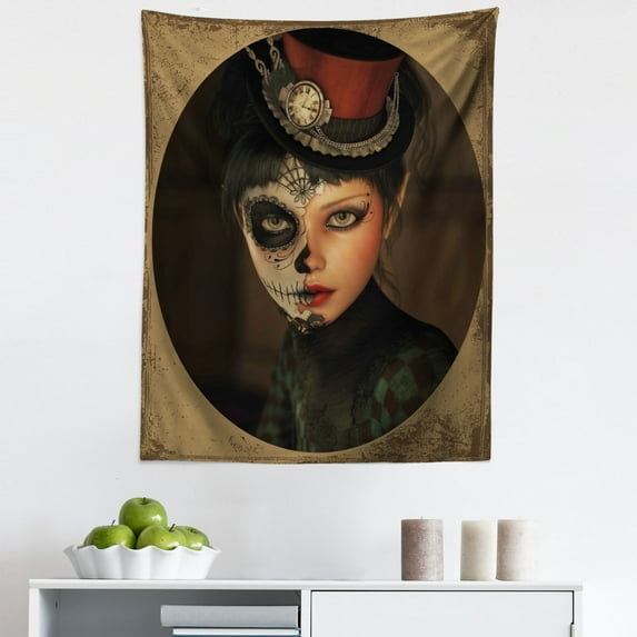 Sugar Skull Tapestry, Antique Portrait Girl with Calavera Inspired Makeup and Topper Realistic Design, Fabric Wall Hanging Decor for Bedroom Living Room Dorm, 5 Sizes, Multicolor, by Ambesonne