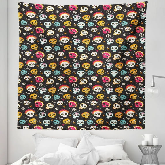 Sugar Skull Tapestry, Colorful Traditional Holiday Pattern with Bones Flowers and Stars Dark Backdrop, Fabric Wall Hanging Decor for Bedroom Living Room Dorm, 5 Sizes, Multicolor, by Ambesonne