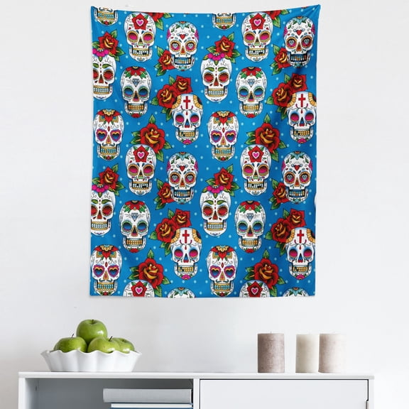 Sugar Skull Tapestry, Retro Style Mexican Cultural Pattern on Polka Dots Rose Bouquets Skeletons, Fabric Wall Hanging Decor for Bedroom Living Room Dorm, 5 Sizes, Multicolor, by Ambesonne