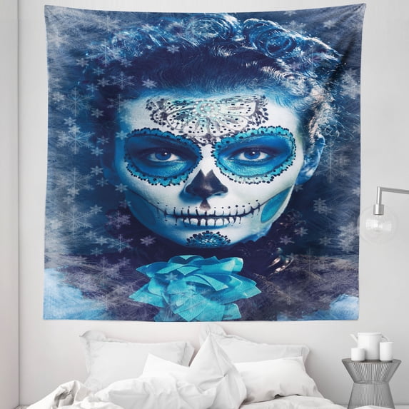 Sugar Skull Tapestry, Santa Muerte Concept Winter Season Ice Cold Snowflakes Frozen Dead Folkloric, Fabric Wall Hanging Decor for Bedroom Living Room Dorm, 5 Sizes, Multicolor, by Ambesonne