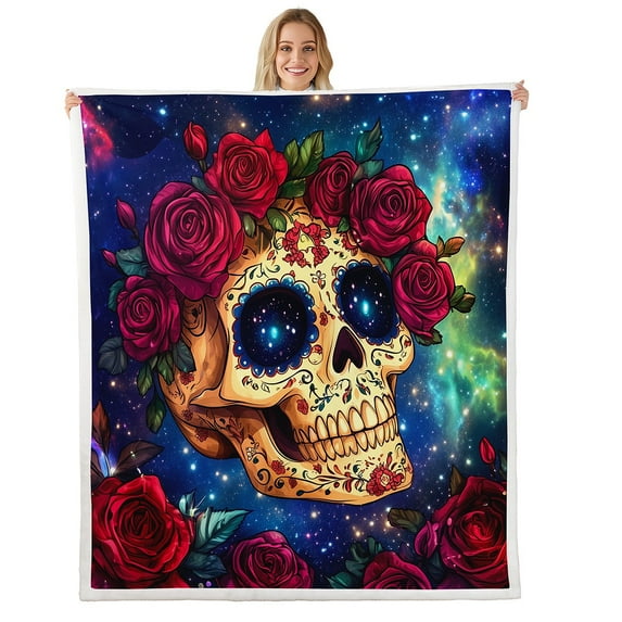 Sugar Skull Throw Blanket Gothic Skeleton Bones Fleece Blanket,Red Romantic Rose Sherpa Blanket,Halloween Horror Theme Flannel Blanket Teens Room Decor Throw 50"X60"