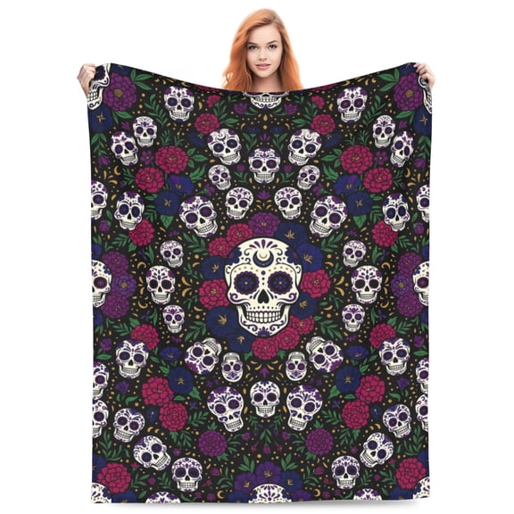 Sugar Skull Throw Blanket, Halloween Flannel Blanket for Couch, Soft Cozy Warm Blanket for Home 50x40