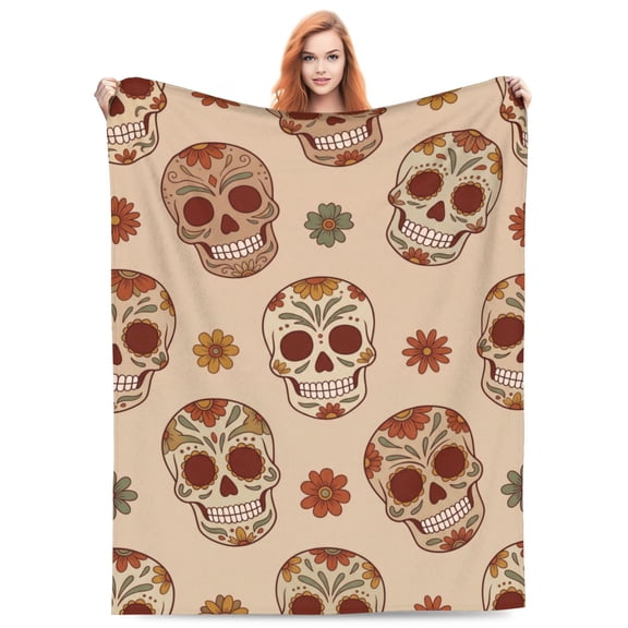 Sugar Skull Throw Blanket, Halloween Flannel Blanket for Couch, Soft Cozy Warm Blanket for Home 50x40