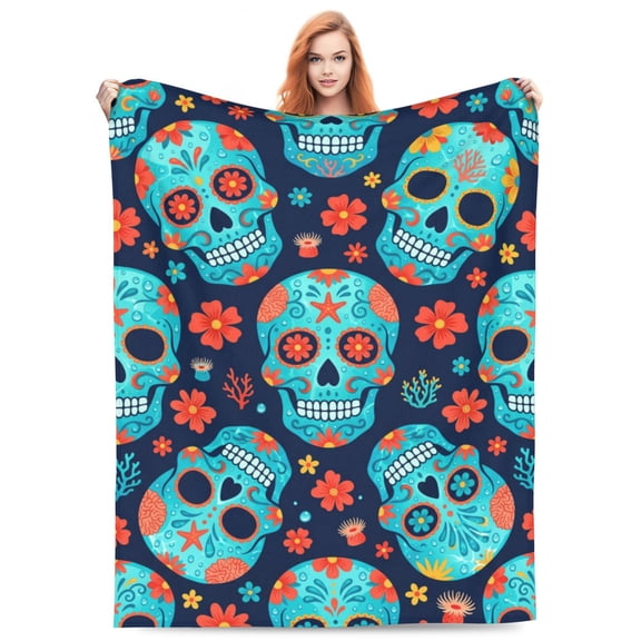 Sugar Skull Throw Blanket, Halloween Flannel Blanket for Couch, Soft Cozy Warm Blanket for Home 50x40