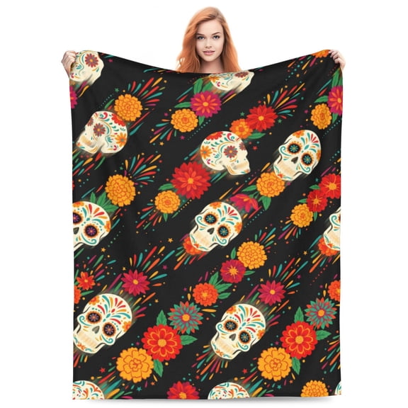 Sugar Skull Throw Blanket, Halloween Flannel Blanket for Couch, Soft Cozy Warm Blanket for Home 50x40