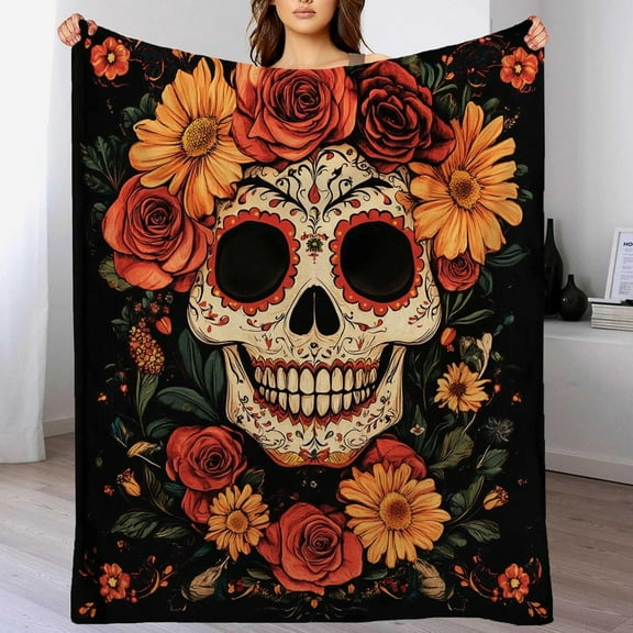 Sugar Skull Throw Blanket, Sugar Skull Gifts for Women, Day of The Dead Blanket, Soft Cozy Mexican Lightweight Fleece for Couch and Bed Room Decor