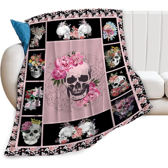 Sugar Skull Throw Blanket Super Soft Warm Horror Skeleton Rose Blanket for Women Cozy Plush Fleece Gifts Bedding Blanket for Adult Bed Couch Sofa 50"x40"
