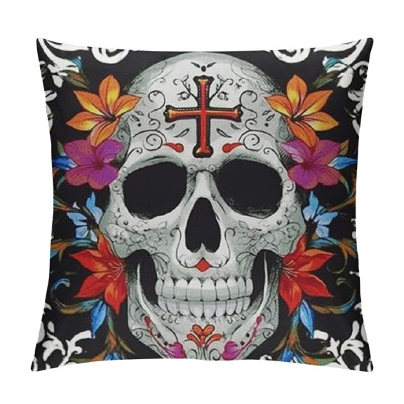 Sugar Skull Throw Pillow Cover Mexican Day of The Dead Sugar Skull Rose Soft Pillowcases Pillow Cushion Covers for Home Sofa Couch Garden Bench Car Decoration