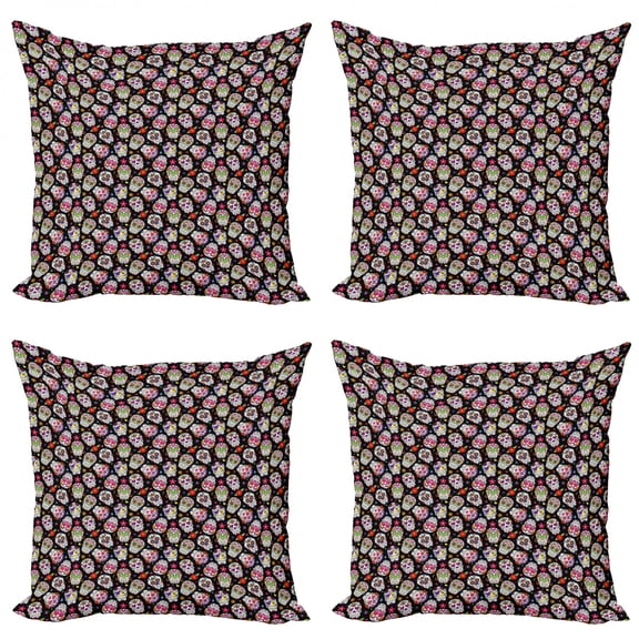 Ambesonne Colorful Throw Pillow Cover 4 Pack, Sugar Skulls Flowers, 16", Multicolor