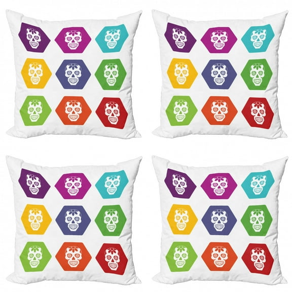Sugar Skull Throw Pillow Cushion Case Pack of 4, Colorful Hexagon Tiles with Silhouette Sugar Skull Florally Ornamented, Modern Accent Double-Sided Print, 4 Sizes, Multicolor, by Ambesonne