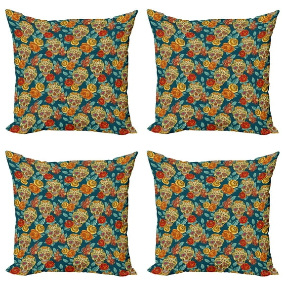 Ambesonne Sugar Skull Throw Pillow Cover 4 Pack, Diamond Eyes Roses, 20", Multicolor