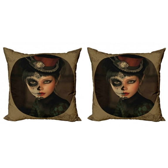 Ambesonne Sugar Skull Throw Pillow Cover 2 Pack, Antique Portrait, 20", Multicolor