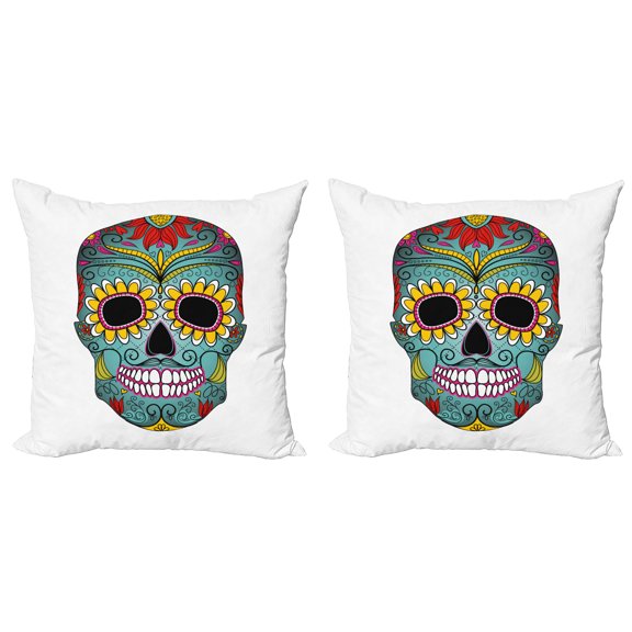 Ambesonne Sugar Skull Throw Pillow Cover 2 Pack, Folk Art Featured, 18", Multicolor