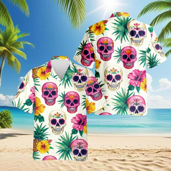 Sugar Skull Tropical Hawaiian Shirt for Men, Button Down Summer Beach Short Sleeve, Tropical Style, S-5XL