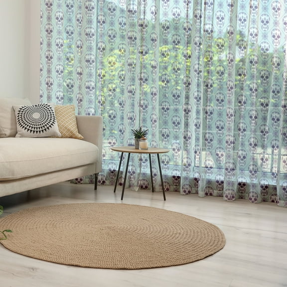 Sugar Skull Tulle Curtains with Rod Pocket, Flower Pattern with Skulls on Geometric Floral Damask Background, Sheer Drape for Wedding Party 2 Panels, 7 Sizes, Pale Blue Purple White, by Ambesonne