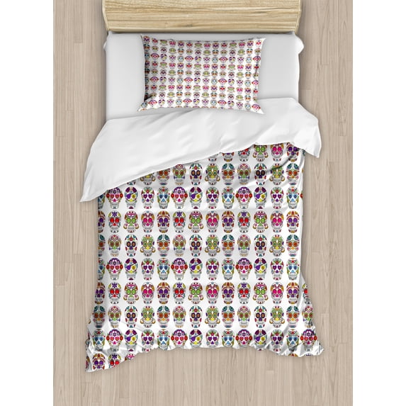 Sugar Skull Twin Size Duvet Cover Set, Day of the Dead Colorful Skulls With Flowers Mexican Style Artistic Pattern, Decorative 2 Piece Bedding Set with 1 Pillow Sham, Multicolor, by Ambesonne