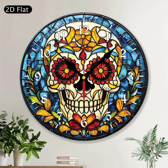 Sugar Skull Vintage Floral Stained Glass Style Gothic Round Wall Clock Home Decor Decorative Gift for Skull Lovers