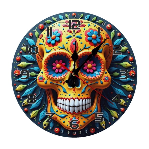 Sugar Skull Wall Clock 10 Inch Silent Non Ticking Round Wooden Clock Decoration for Living Room Kitchen Bedroom Bathroom Office Classroom