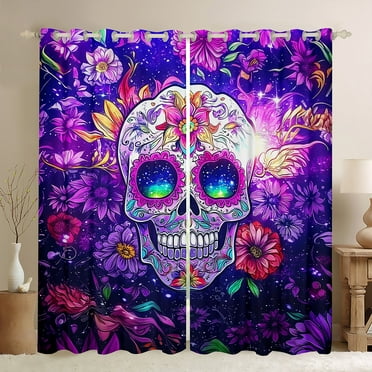 Sugar Skull Window Curtains (38Wx45L),Gothic Purple Skull Print Curtains & Drapes Starry Sky 30%-50% Blackout Curtains Adults Boho Flower Plant Window Treatments 2 Panels