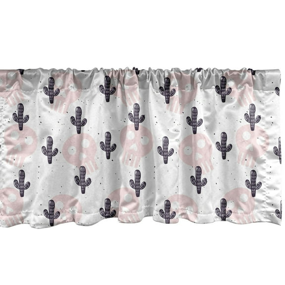 Sugar Skull Window Valance, Rhythmic Skulls and Cactus Mexican Style Art Pattern, Curtain Valance for Kitchen Bedroom Decor with Rod Pocket, 54" X 12", Rose Charcoal Grey, by Ambesonne