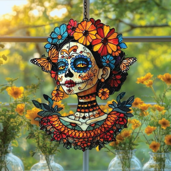 Sugar Skull Woman Acrylic Window Hanging – Faux Stained Glass Floral Skeleton Suncatcher With Butterflies, Dia De Los Muertos Gift 4339833359