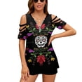 thumbnail image 1 of Sugar Skull Womens Summer V Neck Zipper Top Short Sleeve T Shirt Off Shoulder Top Casual Classy Loose Shirts, 1 of 7