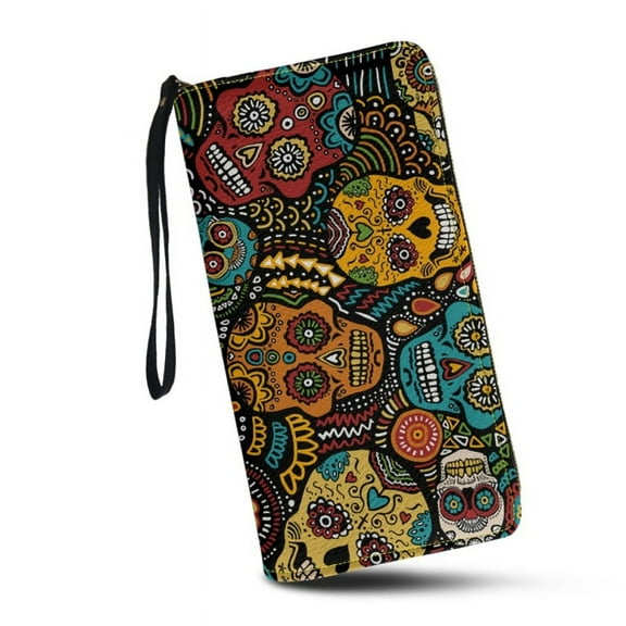 Sugar Skull Wristlet Wallets for Womens Casual PU Leather Long Purse RFID Blocking Card Holder Clutch Bag Lady