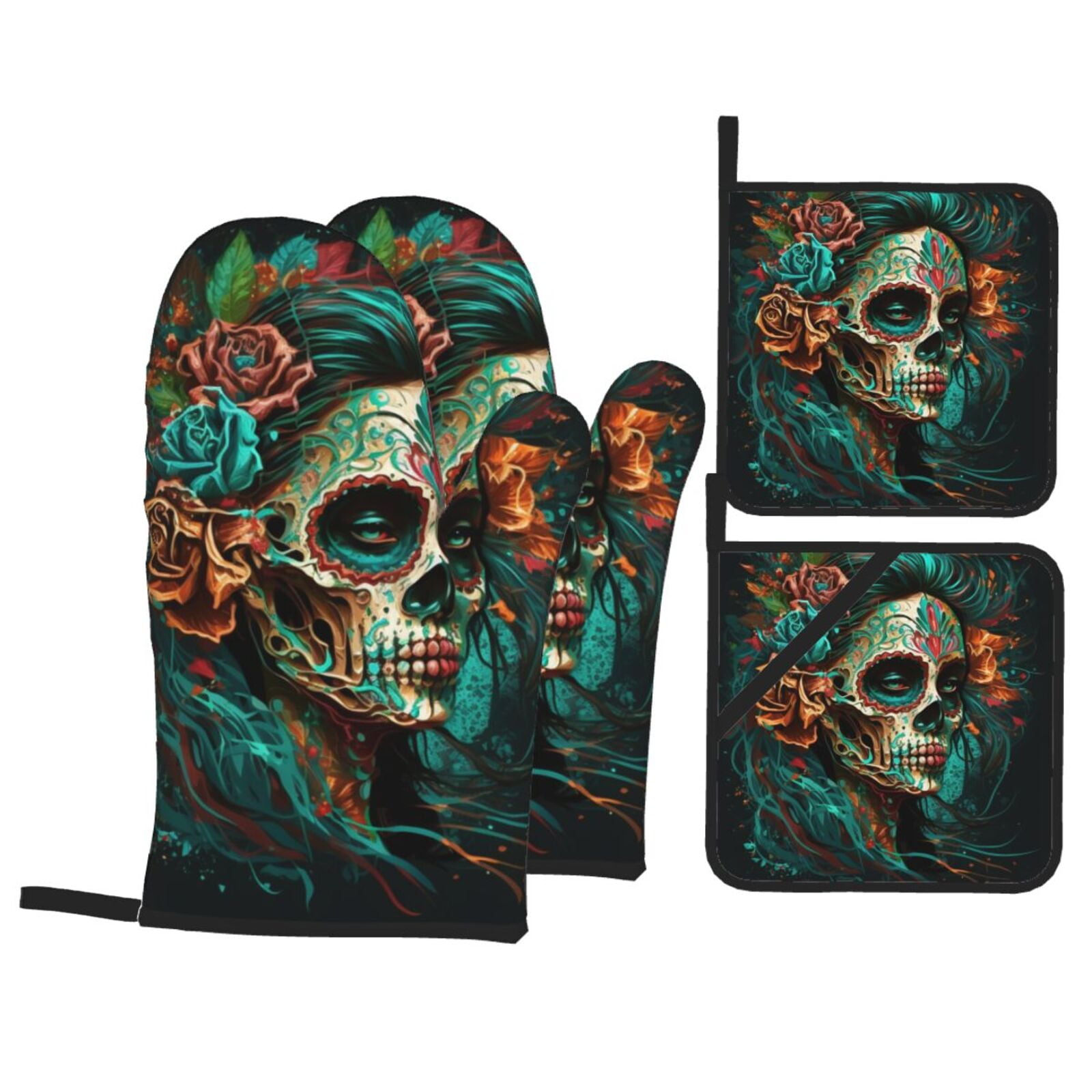 Sugar Skull Zombie Rose 4Pcs Oven Mitts and Pot Holders Sets Oven Kitchen Gloves Hot Pads for Cooking BBQ Baking Grilling