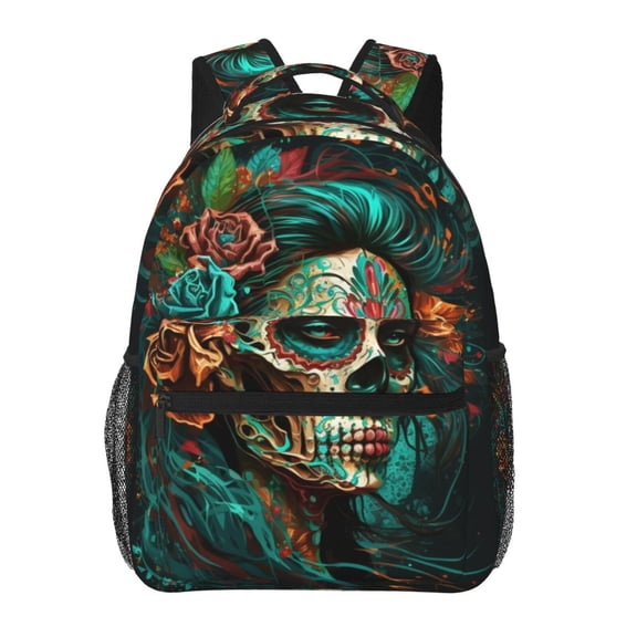 Sugar Skull Zombie Rose Backpack Casual College Bag Zipper Laptop Daypack Hiking Rucksack Travel