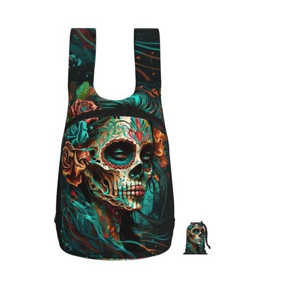 Sugar Skull Zombie Rose Foldable Storage Backpack Lightweight Packable Travel Daypack for Shopping Commuting Hiking