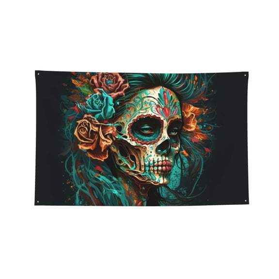 Sugar Skull Zombie Rose Four Hole Decorated Banner Flag for Garden Yard Home Decoration Indoor Outdoor 3x5 Ft