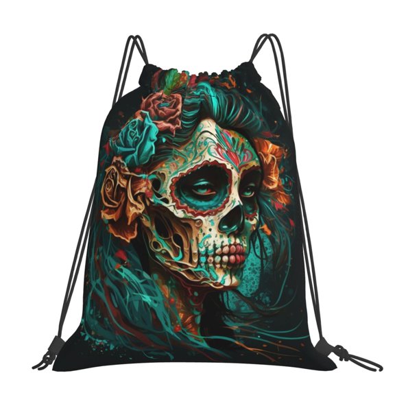 Sugar Skull Zombie Rose Large Drawstring Backpack Casual Cinch Sack Bag Backpack for Sports Hiking Travel Gym