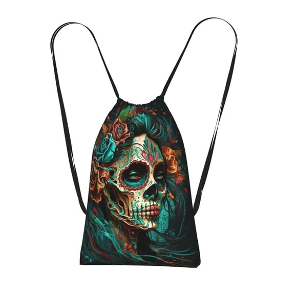 Sugar Skull Zombie Rose Packable Drawstring Backpack, Lightweight Foldable Cinch Storage Bag for Gym Travel Shopping