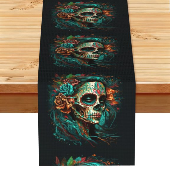 Sugar Skull Zombie Rose Table Runner 13x72 Inch for Dining Table Kitchen Wedding Party Decor Fireplace Mantle