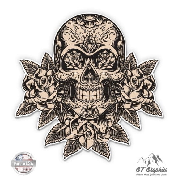 Sugar Skull with Flowers - 3" Vinyl Sticker - For Car Laptop I-Pad Phone Helmet Hard Hat - Waterproof Decal