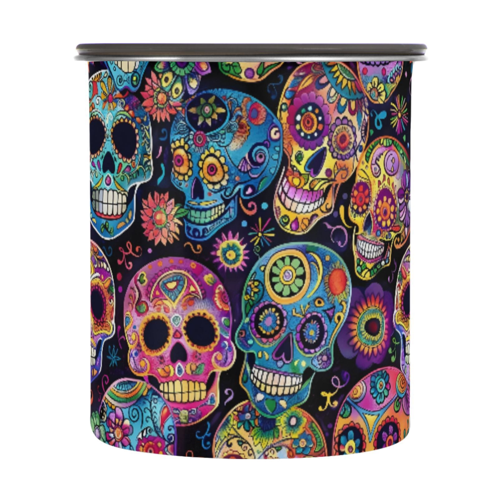 Sugar Skulls Day Of Dead Airtight Coffee Bean Canister 30oz Food Storage Containers with Lids For Gournd, Tea, Sugar, Flour, Rice, Cereal, Candy Cookie Jar