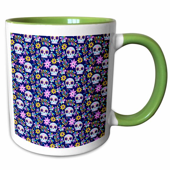 3drose, Sugar Skulls, Fancy, Decorative, Leafy, Flowers, Purple, Pink, Yellow, Pattern, 11oz Two-tone Green Mug