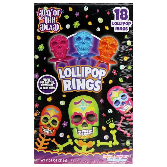 Sugar Skulls Lollipop Rings, Halloween Day of the Dead Candy, 18 Count, 7.61 Ounce Box