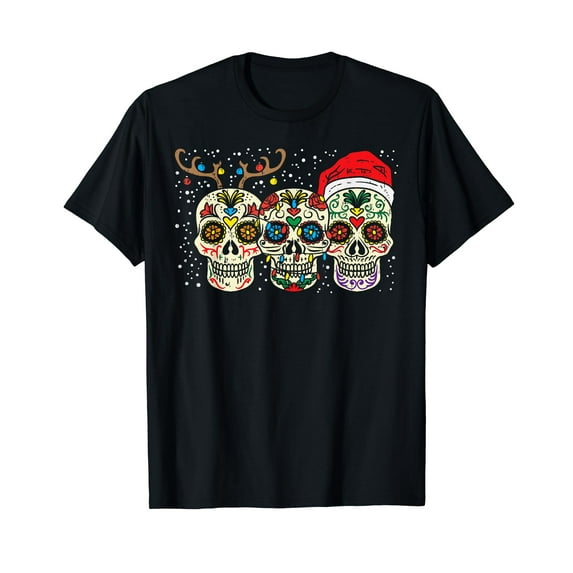 Sugar Skulls Reindeer Santa Fun Christmas Mexican Latin Gift T-Shirt