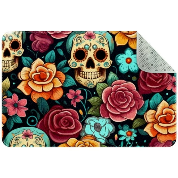 Sugar Skulls with Flowers Seamless Small Area Rug, Non-Slip Door Mat Indoor Floor Mat, Washable Kitchen Rug Entrance Door Mat for Bedroom Living Room